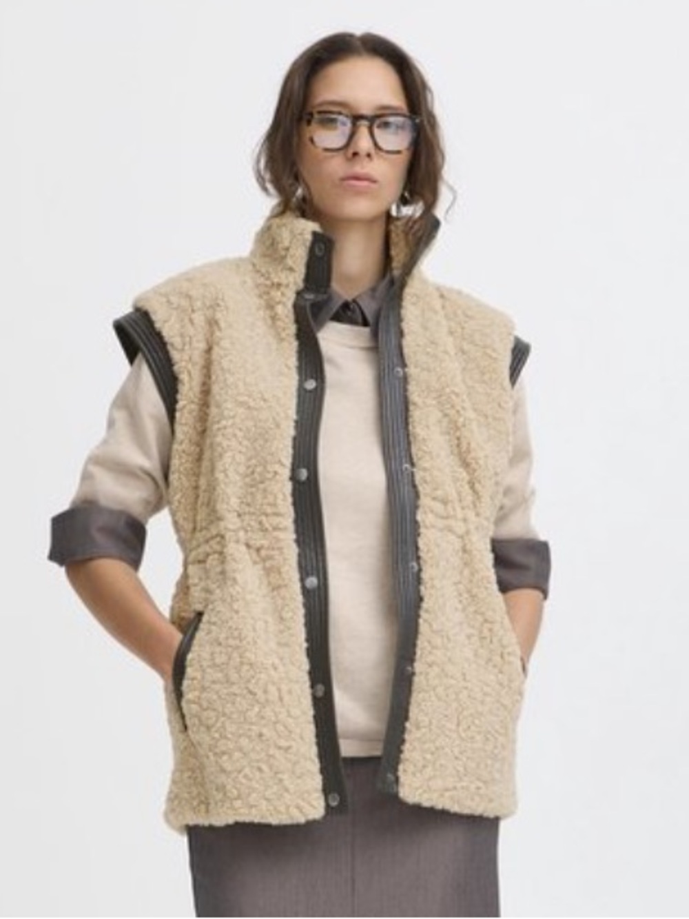 B.Young BYANAMAJ Faux Shearling Teddy Vest Humus Mix NWT Size 38